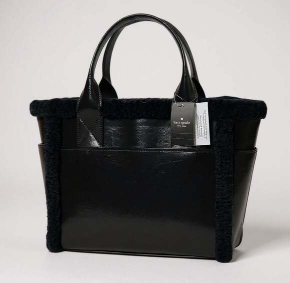 KATE SPADE 17” JETT FAUX SHEARLING LARGE TOTE PATENT LEATHER NWT - Picture 3 of 7
